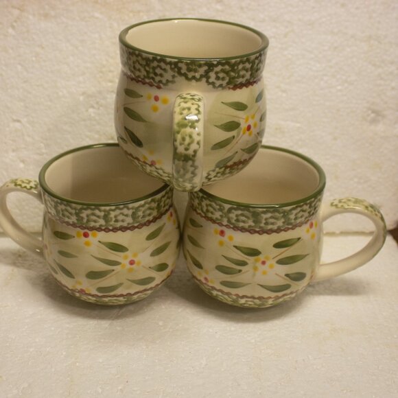 Temptations By Tara Coffee Cup Pot Belly Mug Old World Green Set of 3 - Picture 2 of 6